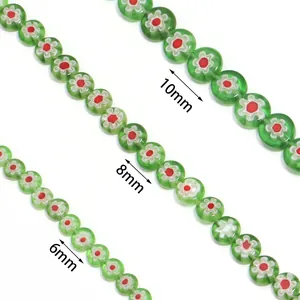 Perline rotonde piatte di fiori in vetro millefiori verdi per gioielli fai da te