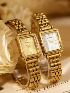 Elegant gold-toned rectangular watches for women with white and gold sunray dials