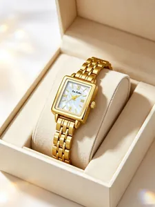 Elegant gold square women's watch with mother-of-pearl dial displayed in a gift box.