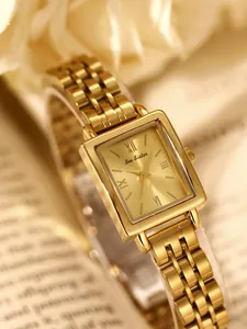Elegant vintage gold rectangular women's watch with stainless steel link bracelet