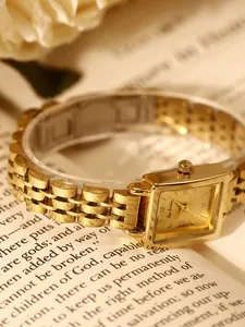 Elegant gold square watch for women featuring a vintage stainless steel link strap