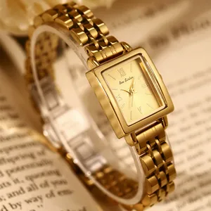 Elegant vintage gold-tone rectangular stainless steel women's watch with link bracelet