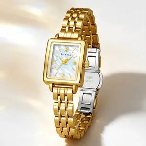 Elegant gold stainless steel square watch with mother-of-pearl dial for women
