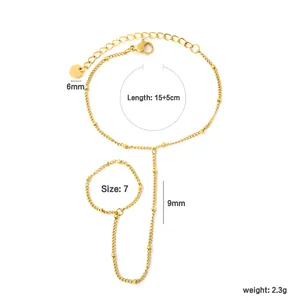 Vue détaillée du bracelet de doigt en acier inoxydable plaqué or 18K avec dimensions