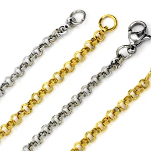 Close-up detail of 2mm stainless steel rolo chains in gold and silver finishes