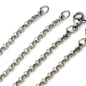 Macro view of 2mm stainless steel rolo chain with lobster clasp and circular links
