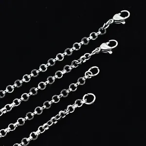 Macro view of 2mm stainless steel circular link chain with lobster clasp details