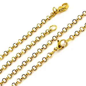 Close-up detail of 2mm gold-plated stainless steel Rolo chain necklace with lobster clasp