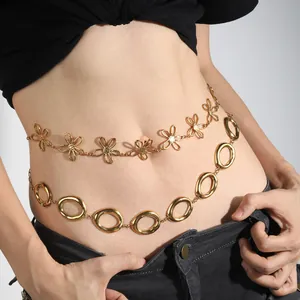 Squisita Catena da Vita in Acciaio Inossidabile con Fiore a Cinque Petali Placcata Oro 18K Cintura a Maglie Geometriche da Donna Accessorio Gioielli Lusso