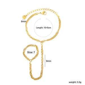 Vue détaillée du bracelet de doigt en acier inoxydable doré avec mesures de taille