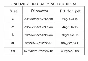 Tableau des tailles complet pour lit de chien apaisant lavable et tapis pour animaux