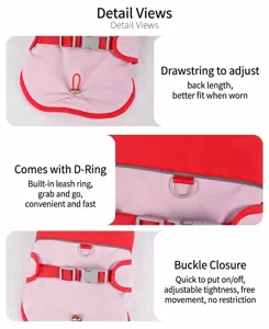 Close-up of pet jacket featuring adjustable drawstring and durable metal D-ring