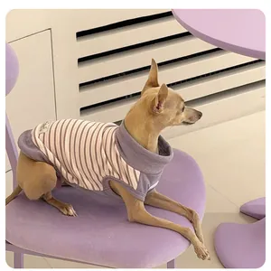 Detailansicht eines gestreiften Hundeshirts mit Rollkragen für Greyhounds auf einem Stuhl.