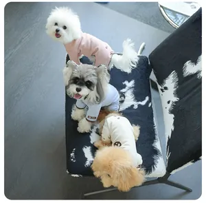 Three small dogs wearing soft, colorful four-legged jumpsuits on a stylish bench