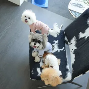 Three small dogs wearing soft, skin-friendly four-legged jumpsuits for home comfort