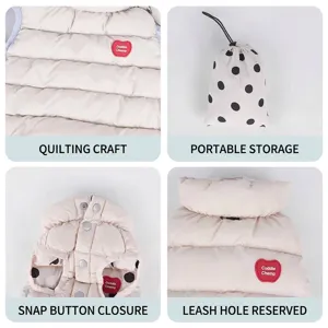 Quilted pet puffer vest for small dogs with snap buttons and portable storage bag