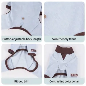 Soft light blue dog jumpsuit with adjustable buttons and contrast trim details
