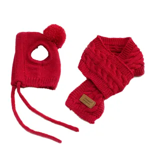 Red knitted pet hat and scarf set with pom-pom for small dogs and cats