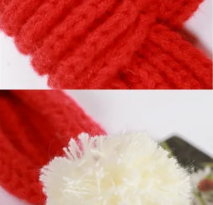 High-quality macro detail showing red knitted texture and white pom-pom on pet scarf.