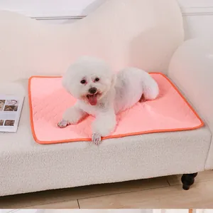 Washable pink absorbent pee pad for small dogs shown on a sofa with a Bichon Frise