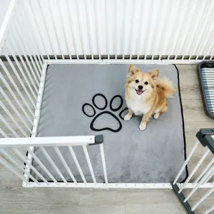 Washable gray coral fleece pet pee pad with paw print design inside white playpen