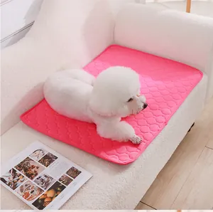 Detailed view of a white dog resting on a vibrant pink washable absorbent pet mat on a sofa