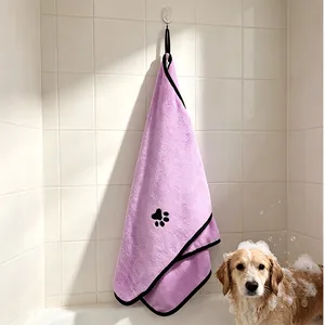 Soft and ultra absorbent purple coral fleece pet towel with cute paw print embroidery