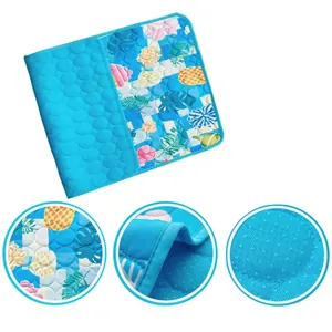 Close-up details of printed pet cooling mat showing breathable fabric and anti-slip bottom