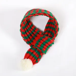 Red and green striped pet knitted scarf with a white pom-pom for small dogs