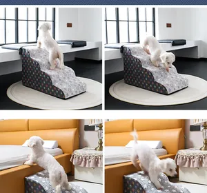 White poodle using 3-tier portable foam pet stairs for bed and sofa in cozy home setting