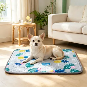 Pet cooling mat for summer with tropical pineapple print and breathable ice silk fabric