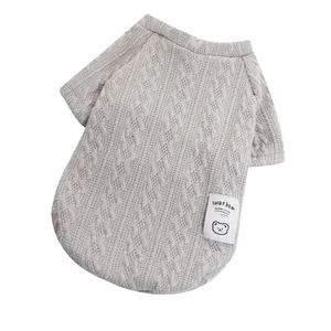 Warm grey cable-knit pet sweater for small dogs and cats featuring Lucky Bear patch