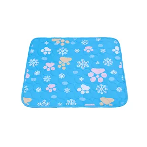 Blue rectangle pet cooling mat with snowflake and paw prints for summer comfort of dogs