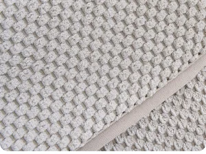 Gros plan sur la texture douce en pop-corn et le bord renforcé du tapis gris pour animaux