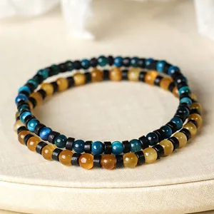 Pulseras de cuentas de ojo de tigre azul y amarillo de 4 mm para hombre y mujer