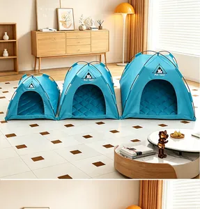 Three sizes of blue sunscreen pet tents displayed in a cozy home interior