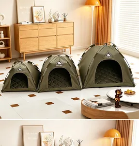 Detailed view of olive green dome pet tent houses for cats and dogs in three sizes