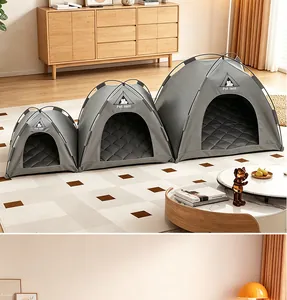 Three different sizes of grey pet tents displayed in a cozy living room setting.