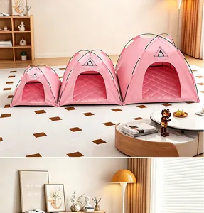 Detailed view of pink foldable pet tents in different sizes for cats and small dogs