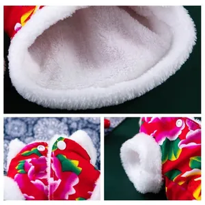 Winter pet clothes with vibrant floral pattern and warm white fleece lining details.