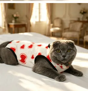 Primo piano di un gatto che indossa una tuta da recupero traspirante con motivi a cuore