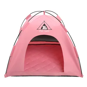 Pink portable pet tent house for dogs and cats with soft padded mat