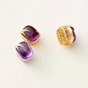 Cuenta Espaciadora de Plata de Ley 925 Chapada en Oro Amatista Exquisita Cuenta de Piedra Preciosa Cabujón para Joyería Pulsera DIY