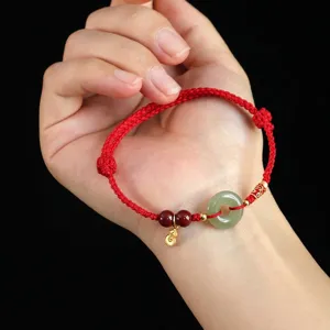 Bracelet Ethnique Corde Rouge Tressé à la Main Argent Sterling 925 Plaqué Or Jade Néphrite Boucle Pingan Cinabre Carpe Koi Pendentif Porte-bonheur