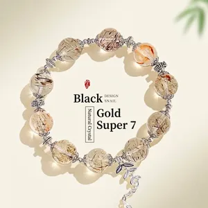 Natürliches Schwarzes Super Seven Kristall Perlenarmband Für Damen Vintage Legierung Hohlblatt Anhänger Edelstein Armband Schmuck