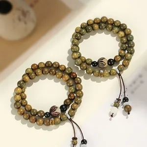 Natural Green Sandalwood Double Loop Beaded Bracelet For Men Women Carved Zodiac Guardian Buddha Ethnic Zen Prayer Beads