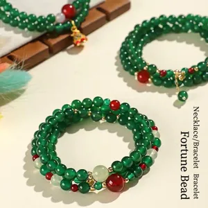 Elegant multi-layer green and red agate beaded bracelet and necklace set for women