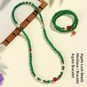 Handcrafted ethnic style green and red agate beaded necklace and wrap bracelet set for women