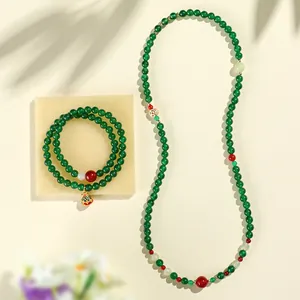 Ethnic style green and red agate beaded necklace and multi-loop bracelet jewelry set
