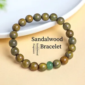 Natural Green Sandalwood Beaded Bracelet With Aventurine Retro Chinese Style Handmade Wood Bead Wrist Jewelry For Men Women